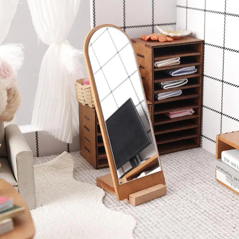 

1/12 Dollhouse Wooden Full-length Furniture Ornament Doll Mirror Model Dollhouse House Micro Scene Decor Accessories