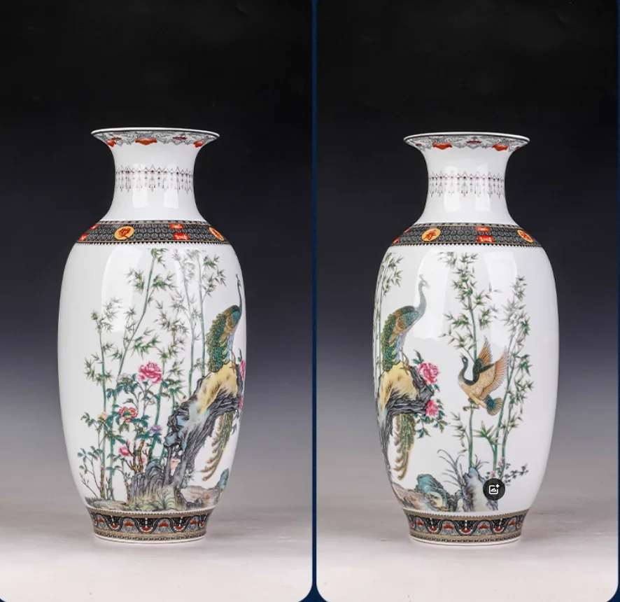 34.5cm/Jingdezhen Ceramic Vase Chinese High End Porcelain Living Room Decoration Ornament Peacock Figure Vase
