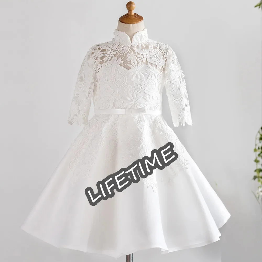 

Ivory Lace Scoop Kids First Communion Dress Tulle Applique Pearls Flower Girl Dresses Sleeve Little Bride Dresses Vestidos