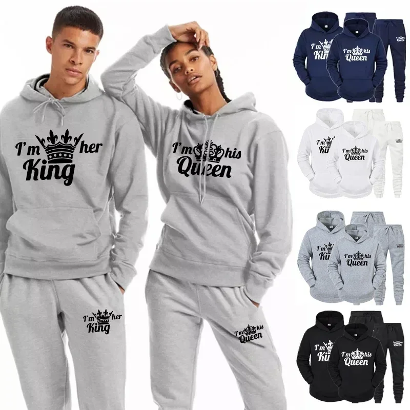 Couple Tracksuit King Queen Print Casual Hoodie Set Sweatshirt Sportswear Hooded Pullover Suits Lover Hoodie and Pants 2 Pieces