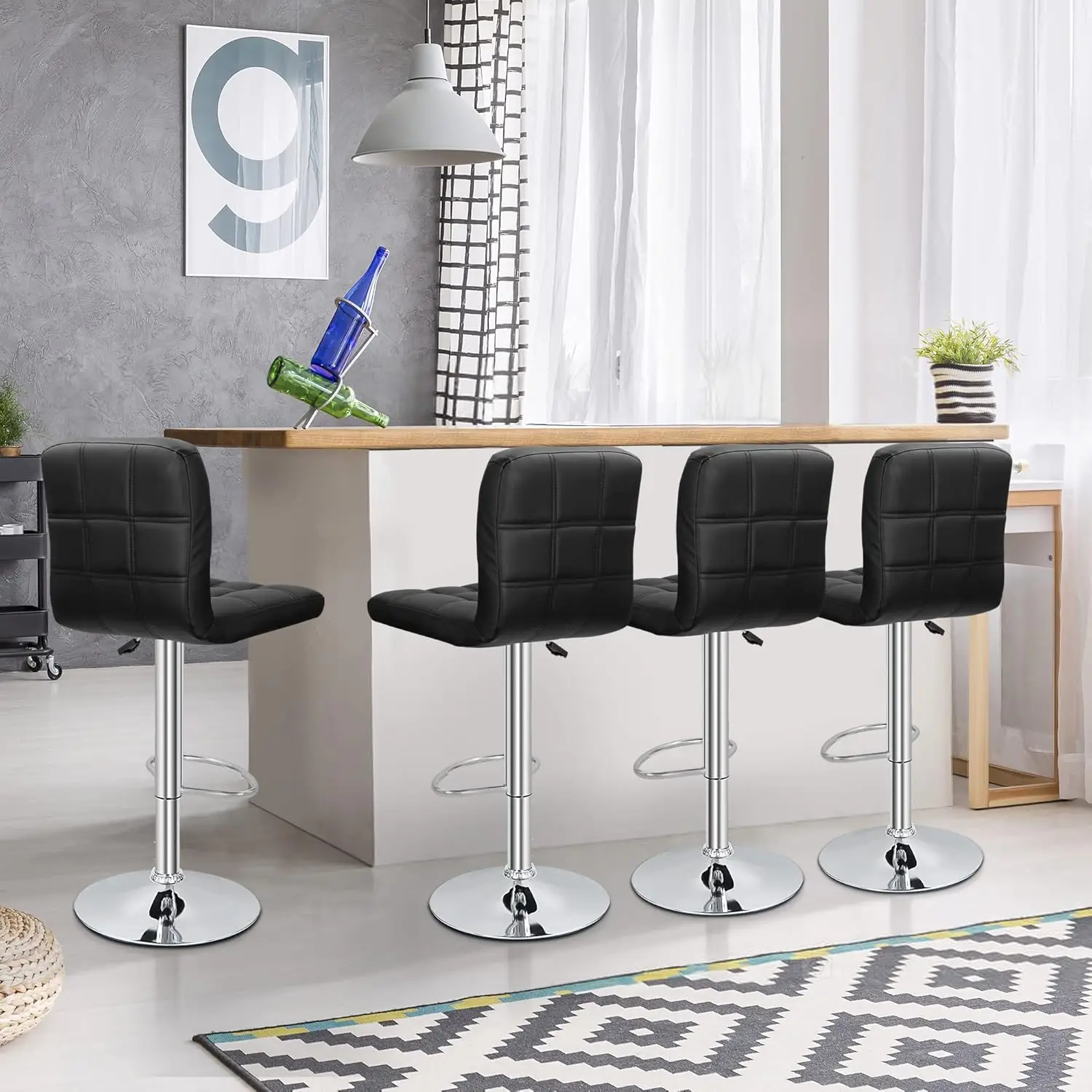 SUPER DEAL Set Adjustable Counter Height Swivel Stool with Square Back (4, Black)