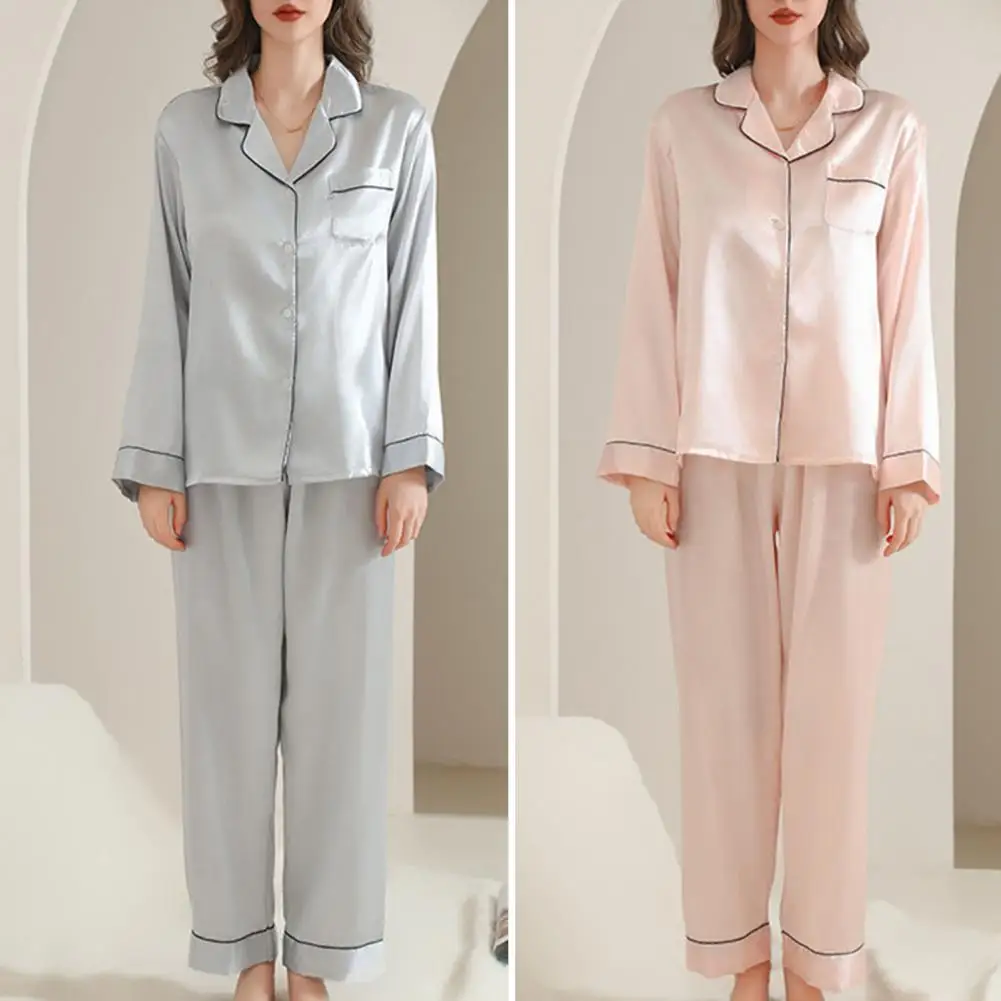 Autumn Pajama Set Luxurious Imitation Silk Pajamas Set with Single-breasted Cardigan Shirt Wide Leg Trousers Elegant for Women