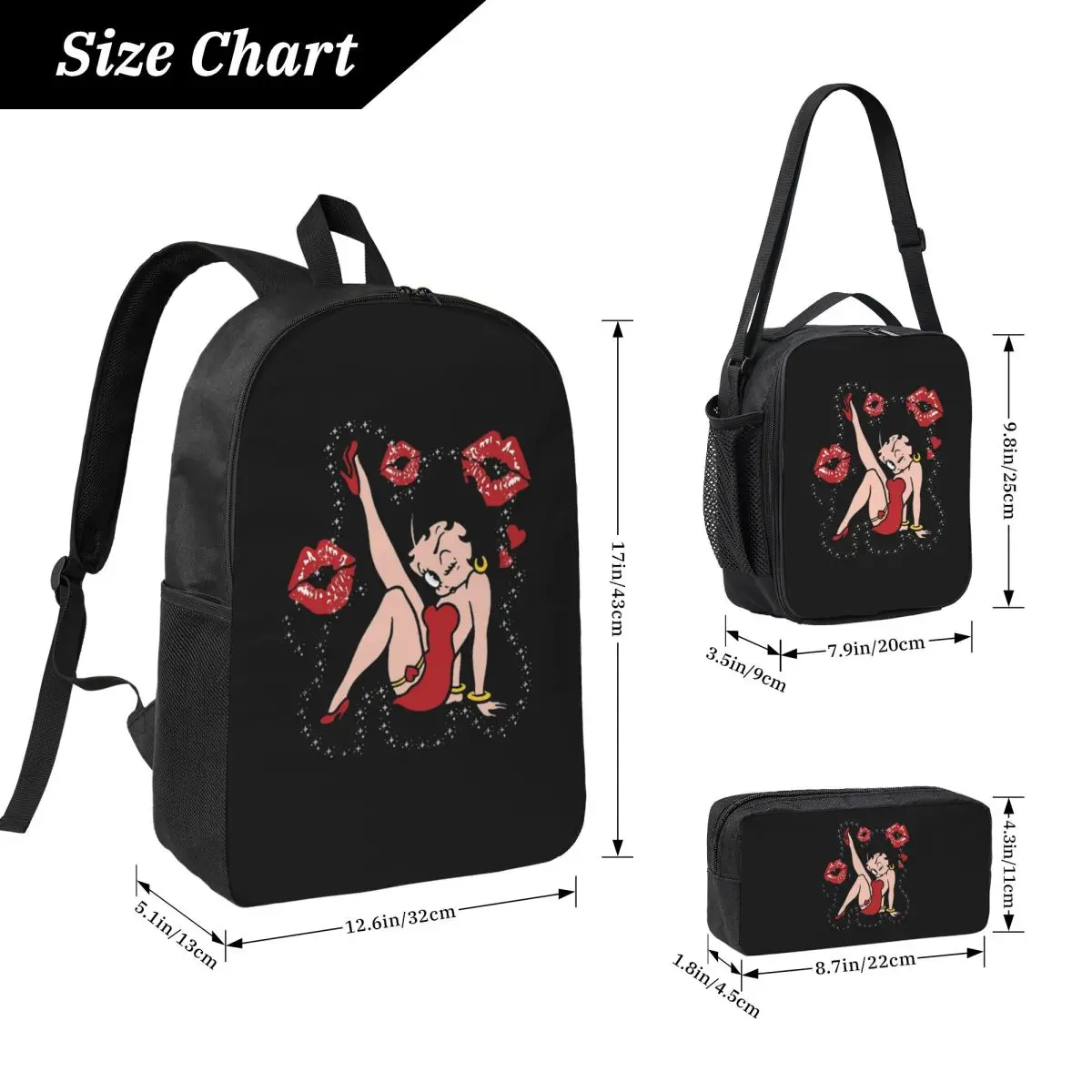 Mrs Boop Thing Crew Bettys And Her Dog Backpack BookBag School Bag Laptop Shoulder Bags 3ps Insulated Lunch Bag Pencil Case