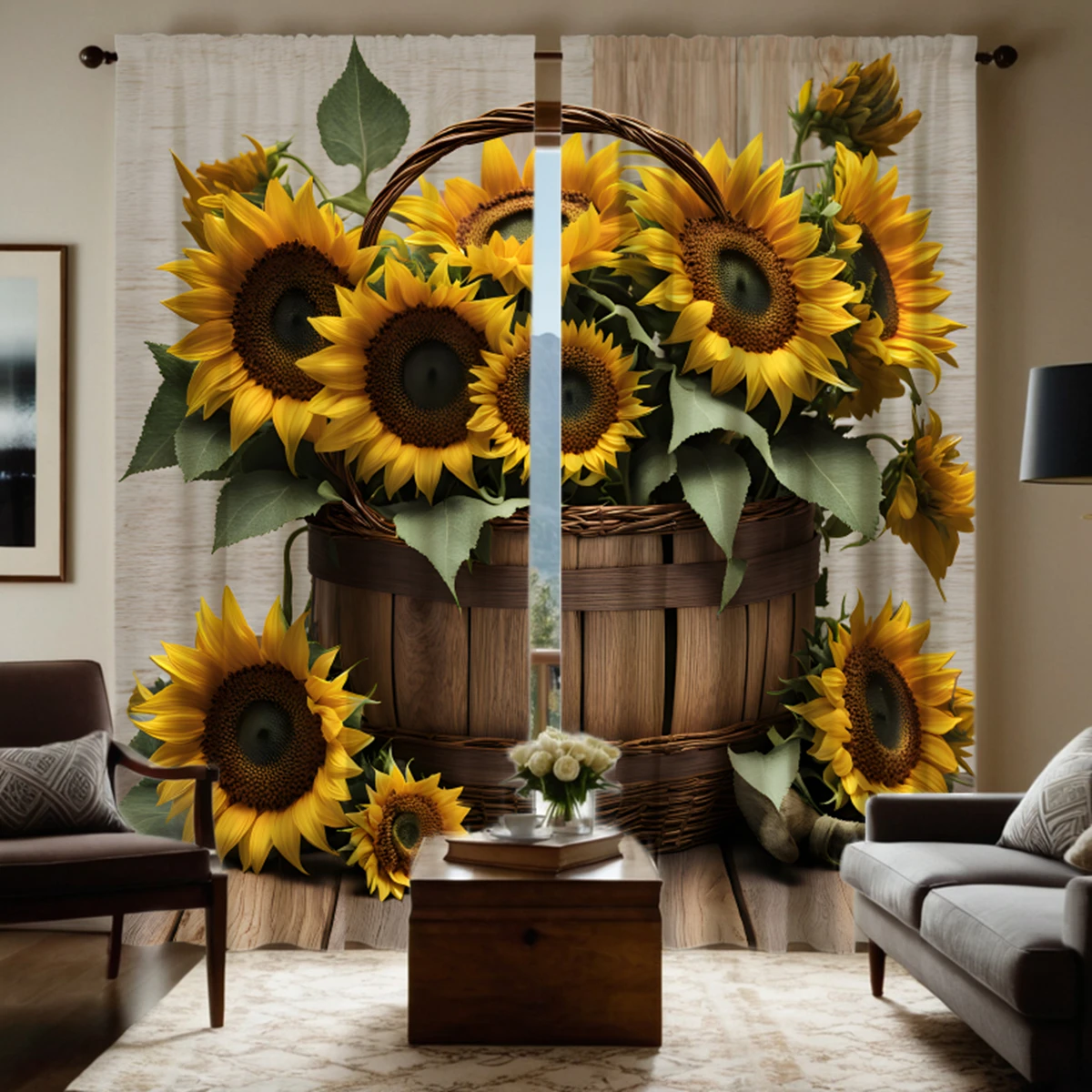 2 pieces of HD basket with sunflower flowers decorative curtain Yellow digital printed curtain home decoration style decoration
