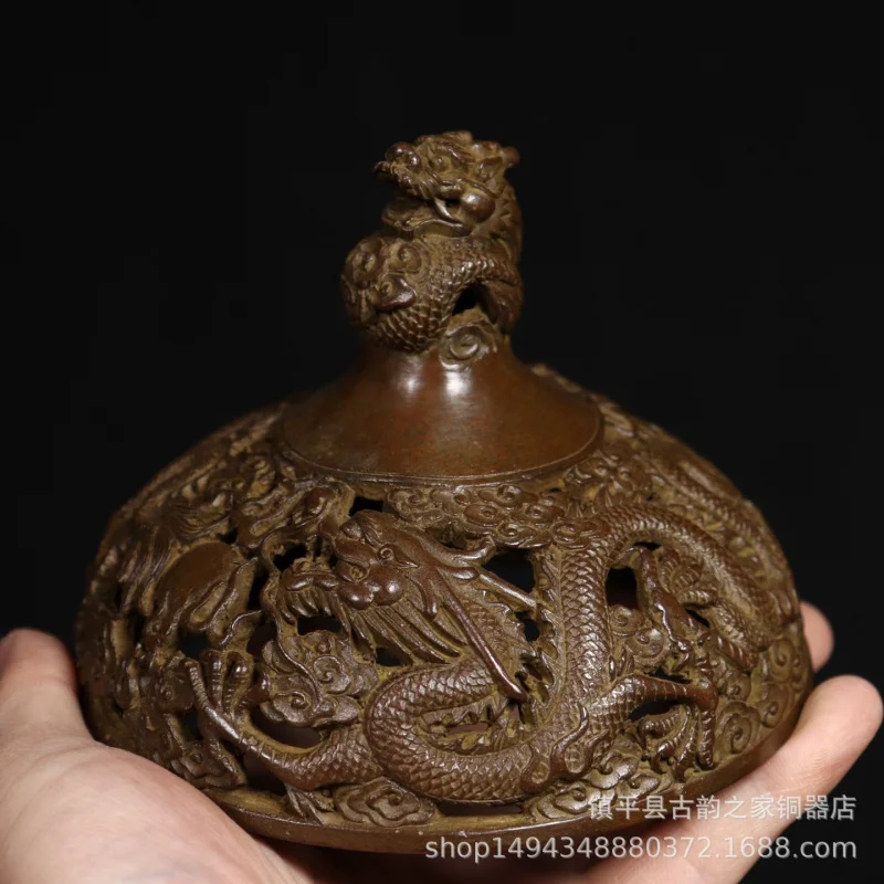 Brass Vintage Distressed Hollow Double Dragon Playing with Pearls Handmade Copper Incense Burner Copperware Ornam