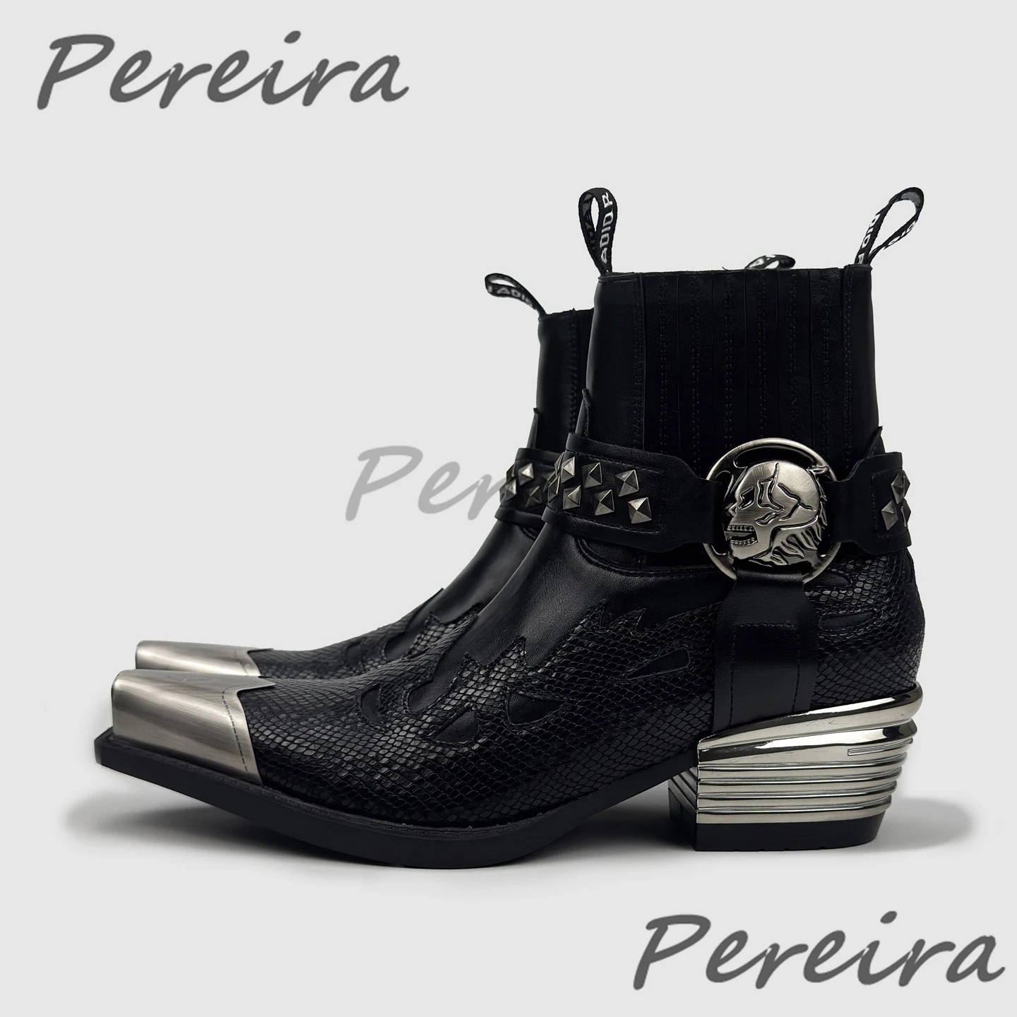 Punk Style Trendy Men's Chelsea Boots Skull Rivet Strap Metal Thick Heel Short Boots Fashion Patchwork Leather Men's Shoes