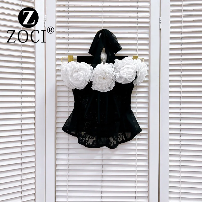 [zoci] Goods Summer Black White Contrasting Three Dimensional Large Flower Decoration Fishbone Mesh Waist