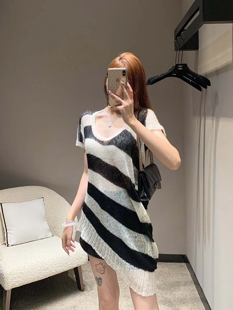 

Street style women's sweaters, fashionable and trendy, irregular black and white striped mohair knitwear, medium and long styles