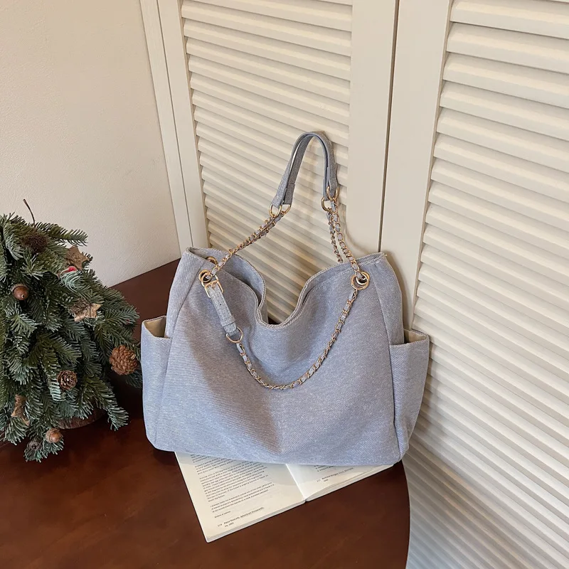 Large Capacity Blue Denim Tote Bag for Women 2026 Autumn Chain One Shoulder Handbag Multi Pocket Casual Commuter Shopping Bag