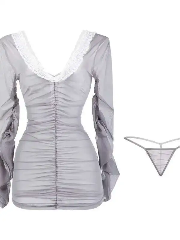 erotische sm mini-jurk lange mouw sexy v-hals mesh pure kant gewikkeld rok nachtjapon jurk elegante hot sexy zoete vrouwen 6wwz