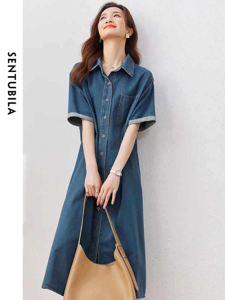 

SENTUBILA Women's Button Down Denim Dress 2024 Summer Casual Loose Soft Jean Dresses Female Vestidos with Leather Belt W32L49682