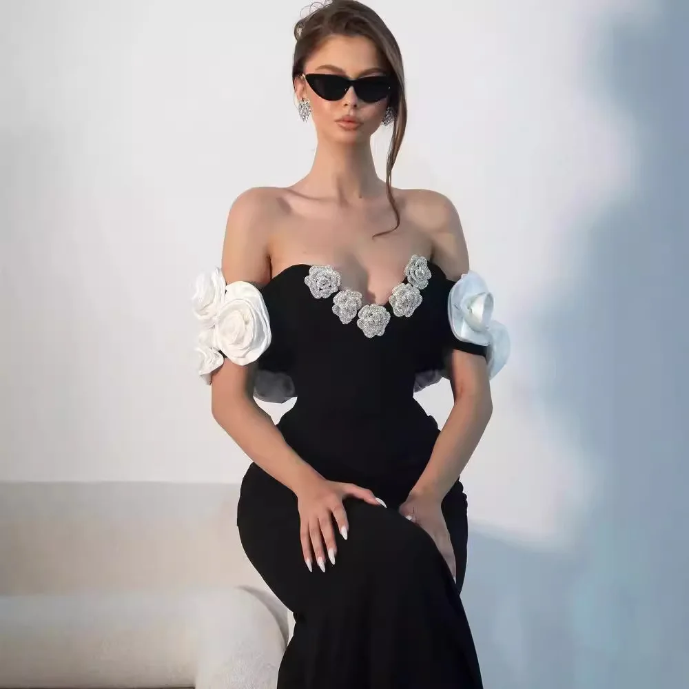 

Cross-border foreign trade new product evening dress European and American elegant fashion off-shoulder v-neck applique bandage