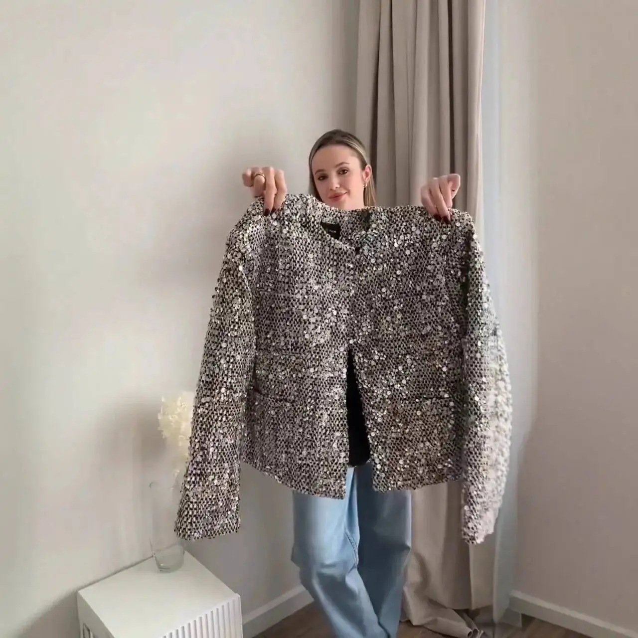 سترة نسائية Y2K الطيار للخريف والشتاء برقبة دائرية بلون سادة سترة تويد مستقيمة ترتر وأكمام طويلة ملابس خارجية عصرية