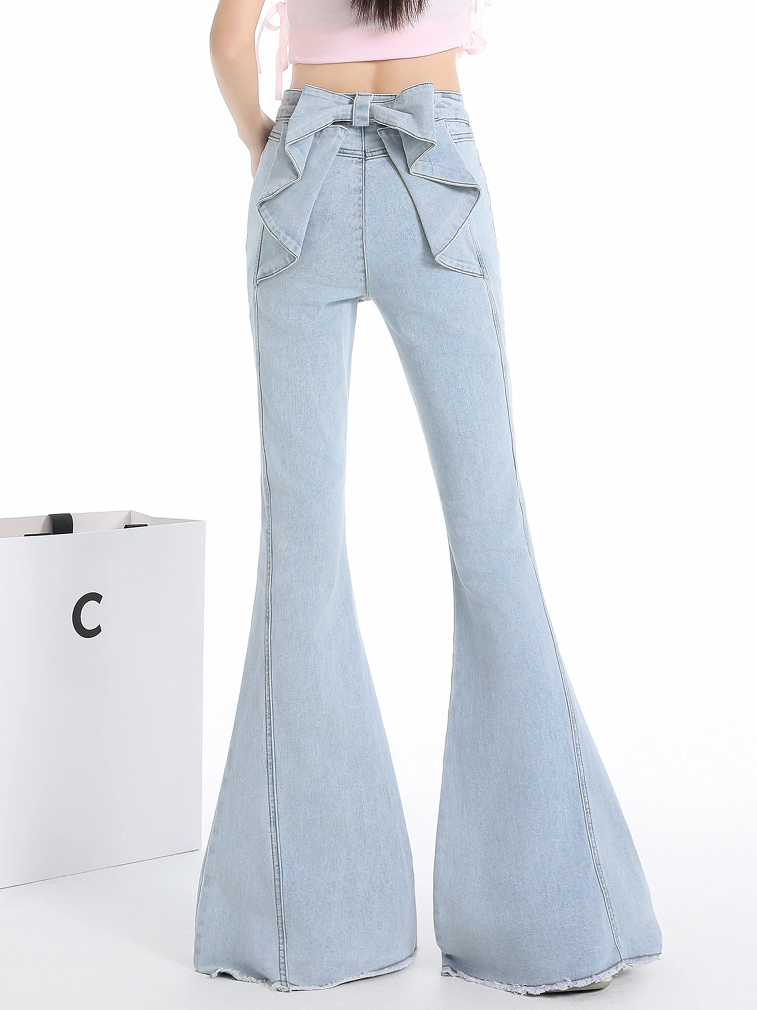 

Chic Loose Women's Denim Jeans Summer High Waist Knot Design Wrap around Hip Flared Pants Blue Long Trousers