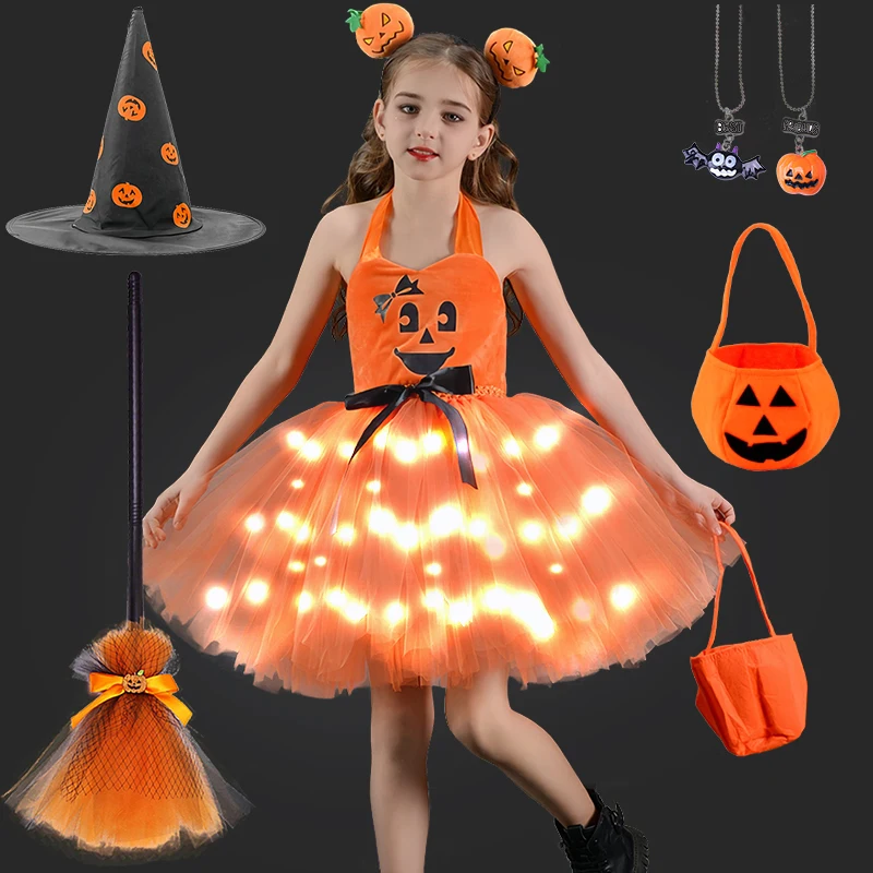 Children's Pumpkin Witch Light Halloween Cosplay Costume Carnival Fancy Girl Vampire Ghost Performance Masquerade Party Dress