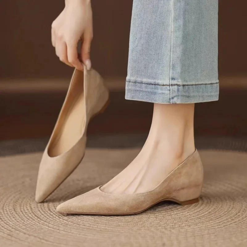 2026 Women‘S New Handmade Genuine  Suede Low Heels Pointed Toe Dress Shoes  Women Elegant Pumps Casual Shoes Flat Shoes