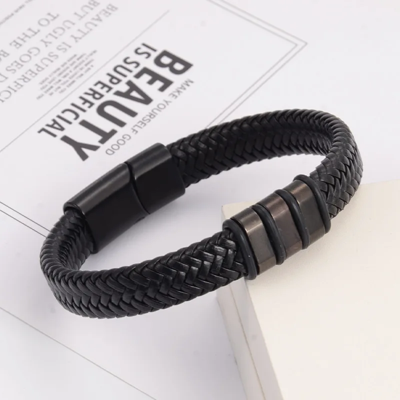 Pulsera antiestática de negocios para hombre, estilo Retro europeo americano, brazaletes de moda tejidos magnéticos de cuero y acero inoxidable