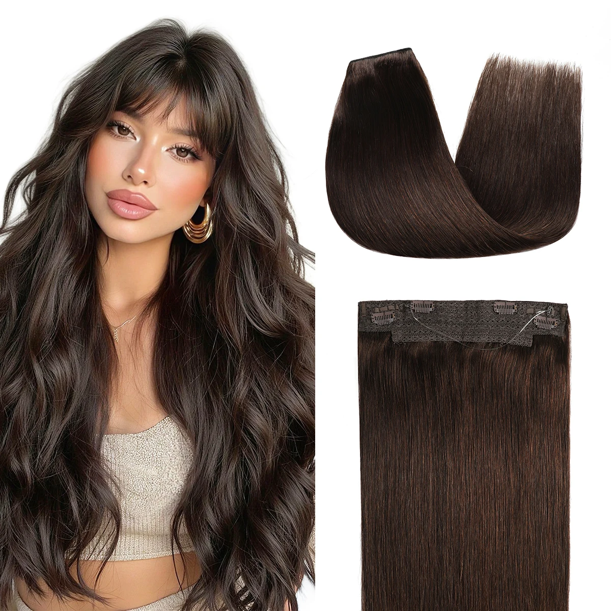Invisible Wire Hair Extensions Real Human Hair 12-24Inch Dark Brown Transparent Fish Line Clip-Ins Hair Piece 100% Remy Huma