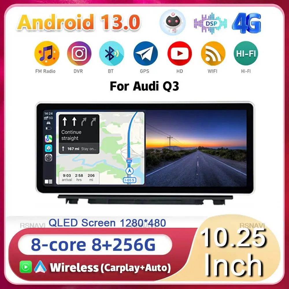 

10,25 "Android 13 сенсорный экран для Audi Q3 2012-2018 стерео Автомагнитола мультимедийный плеер Carplay Авто GPS WIFI + 4G 360 камера Navi