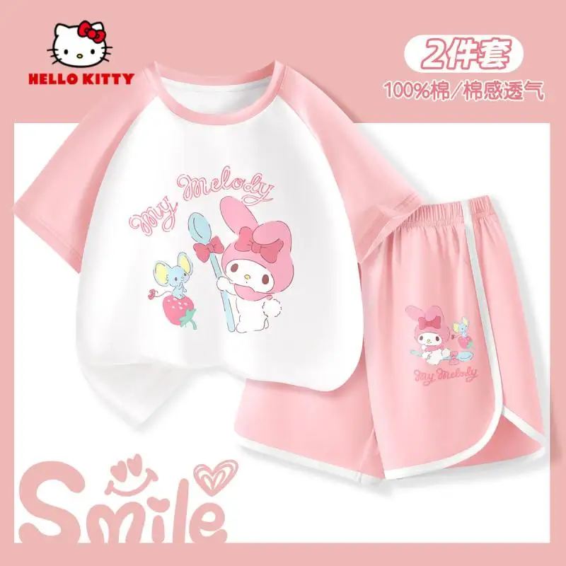 سانريو مرحبا كيتي فتاة الصيف دعوى القطن الخالص تي شيرت السراويل الكرتون الطباعة الراحة ملابس الأطفال Kawaii نمط جديد حار
