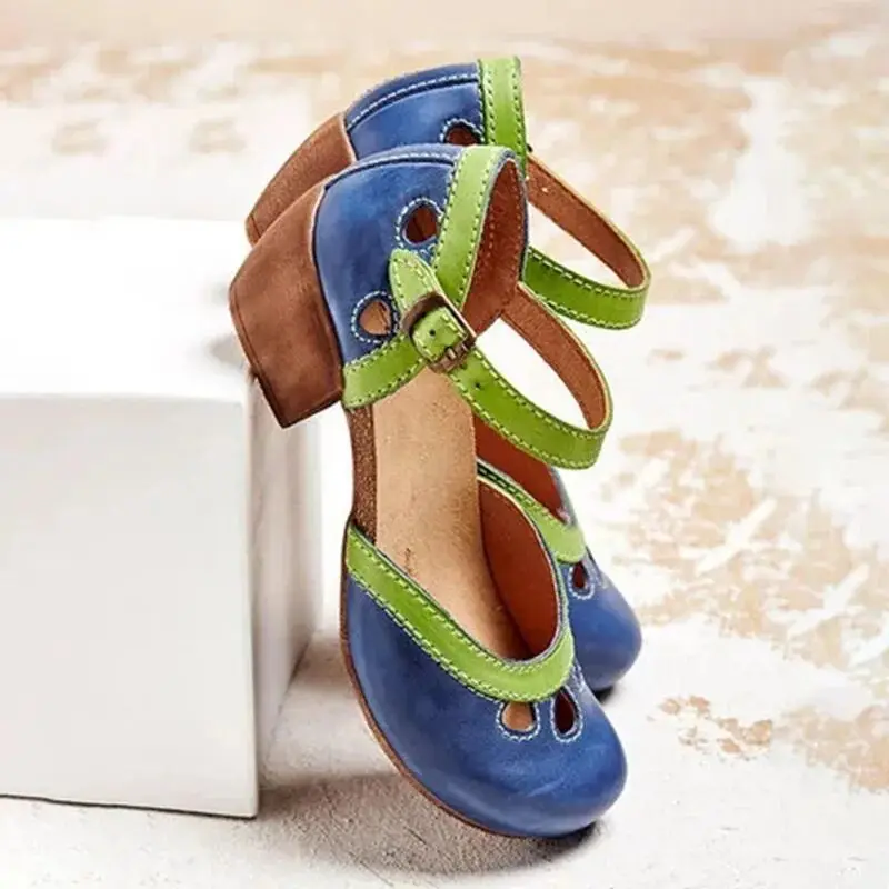 

Women Summer Shoes Mid Heel Hollow Out Casual Sandals Elegant Retro Ladies Pumps Ankle Color Block Buckle Straps Female Sandals