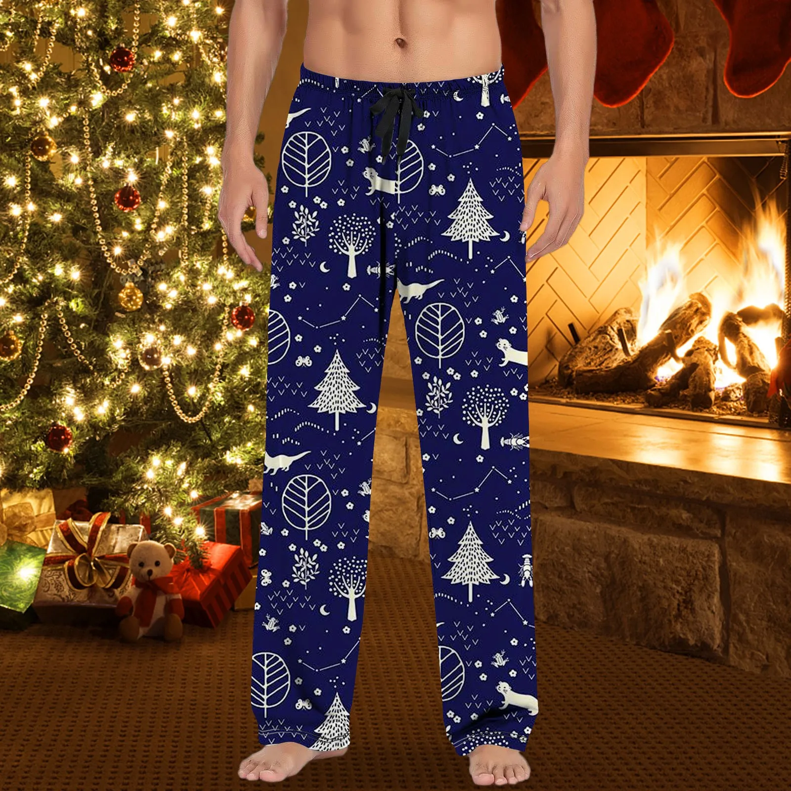 Men Christmas Tree Pajama Pants Pockets Sleepwear Pants Elastic Waist Straight Bottom Pants Drawstring Men's Lounge Trousers