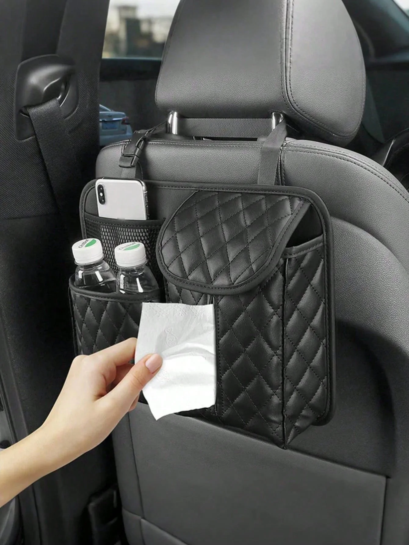 

Plaid PU Leather Car Seat Organizer – Large Storage Space，Multifunctional Storage Bag with Bottle Holders, Tissue Dispenser & Ph