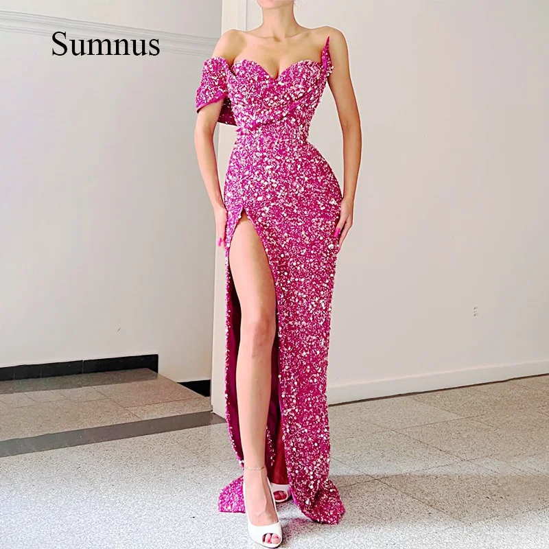 Pink Shiny Sequined Evening Dress Sweetheart Off the Shoulder High Slit Prom Gown Floor Length Party Gala Dresses 2022