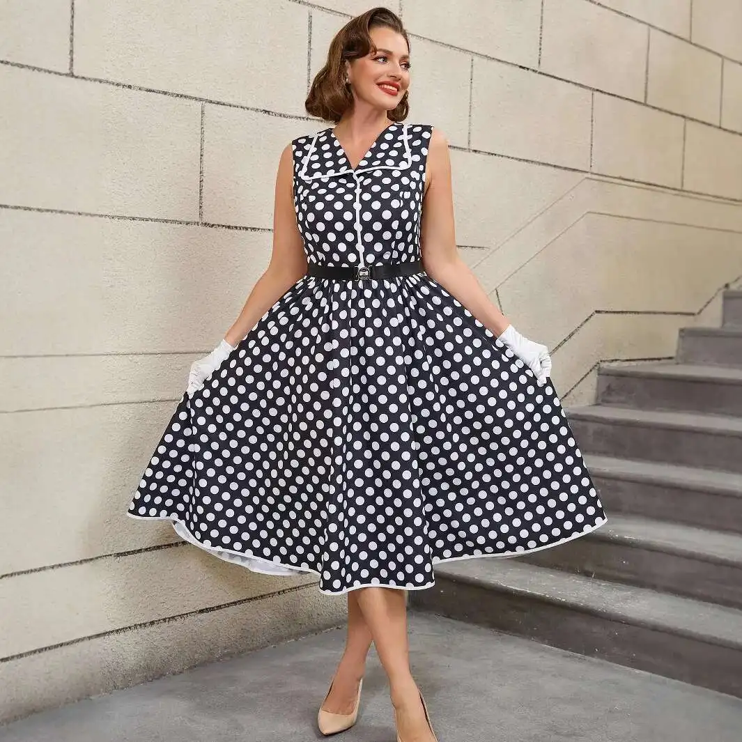 

Women's Plus Size Black Polka Dot Dress with Turn-down Collar, Belted Slimming A-line Sleeveless Fashion Dress Casual Y2k