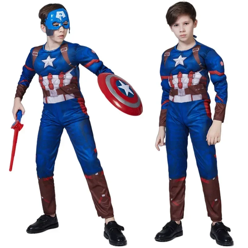 2025 New Kids Captain America Muscle Superhero Cosplay Jumpsuits Shield Mask Boys Suit Halloween Costume for abc