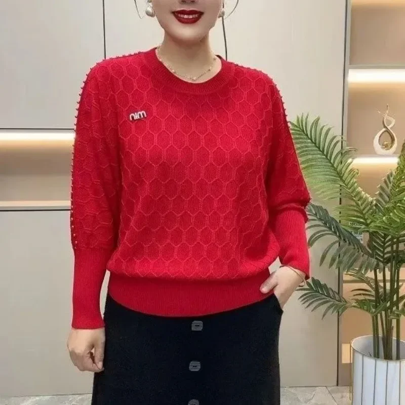 Fashionable Solid Color Beaded Bat Sweater Spring New Fashion Round Neck Loose Casual Versatile Sweater Women