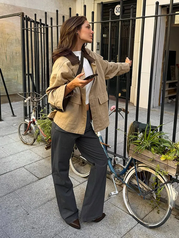 캐주얼 하이웨이스트 스트레이트 팬츠 여성용 솔리드 루즈 시크 하이웨이스트 지퍼 스트리트 바지 여성용 올매치 그레이 바텀 레이디