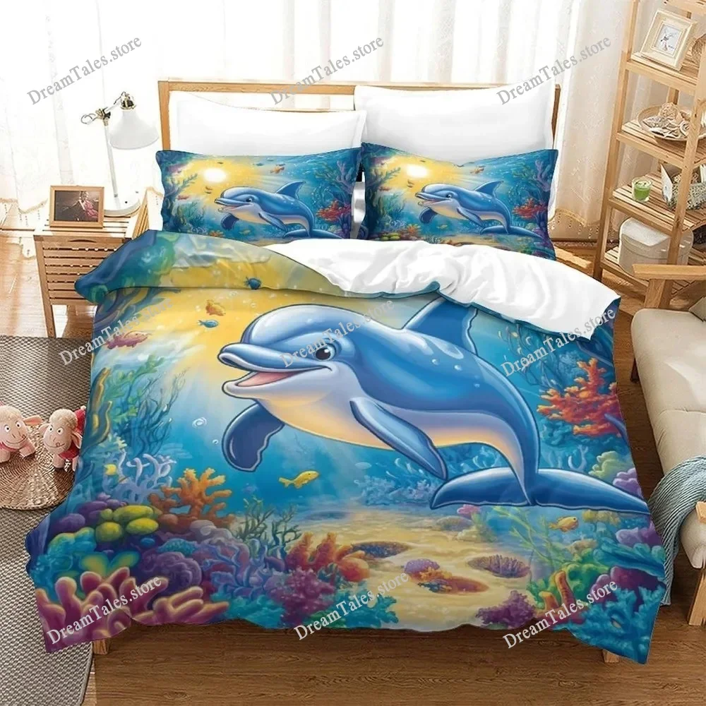 Cartoon Dolphin  Motif Bed Linen,Microfibre Bedding Sets, Children's Bed Linen for Teenagers  Adult Duvet Cover Luxury Gift741