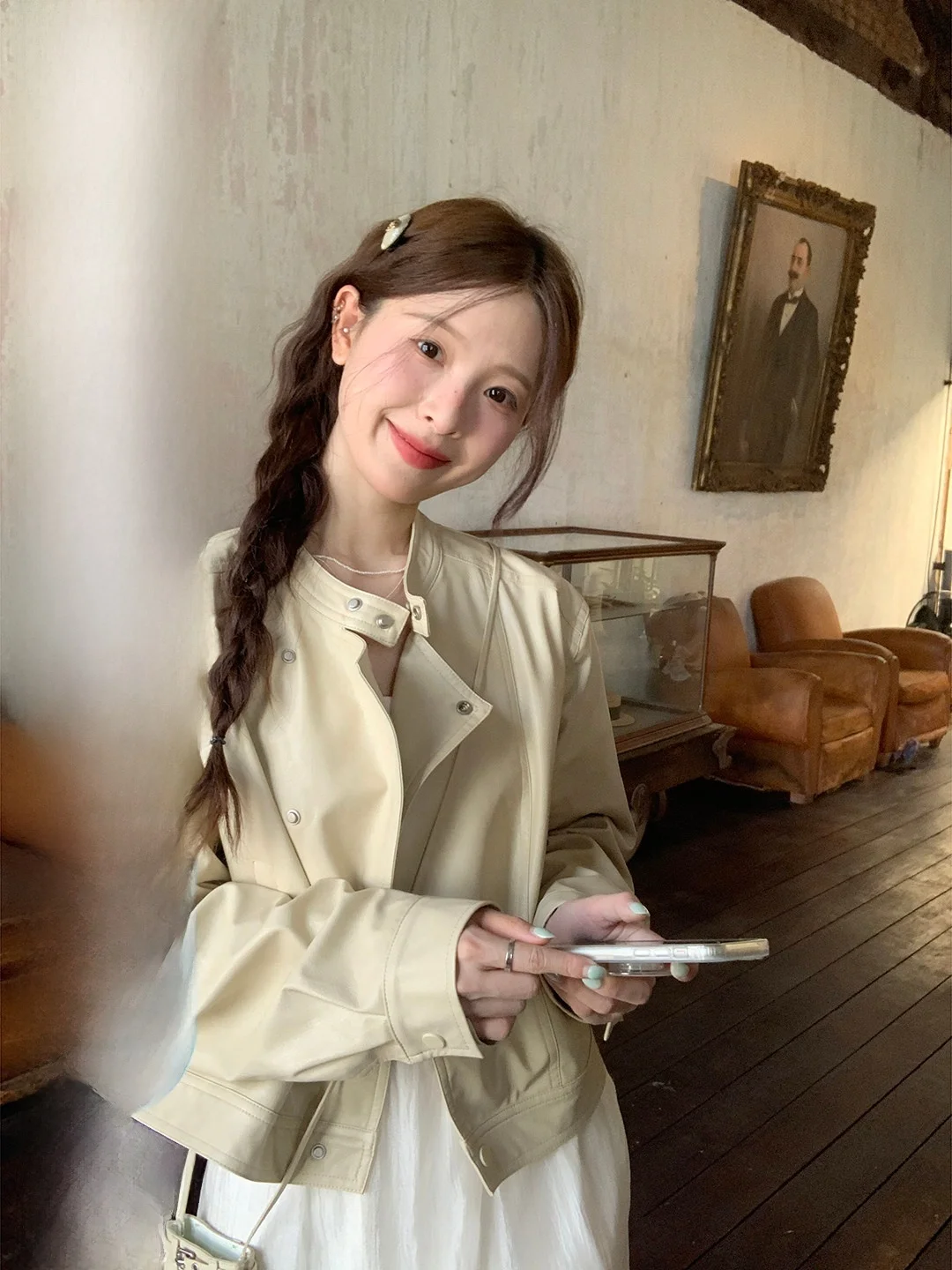 

Liu Xiaotuan Casual Style Tassel Trimmed Loose Fit Stand Collar Leather Jacket Korean Loose Design Lazy Versatile Top