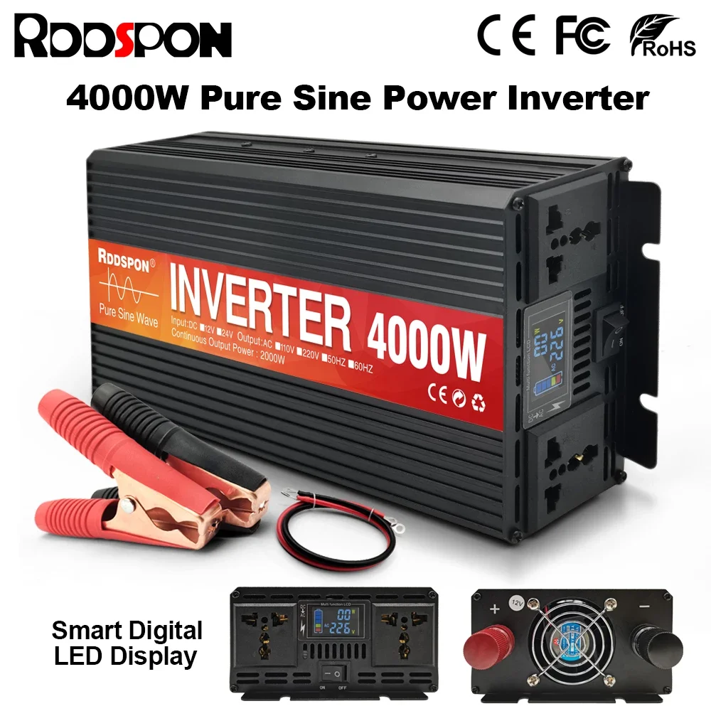 Pure Sine Wave Inverter 12v 220v 4000W 3000W 2000W 1600W Car Power inverter Pure Sinus DC to AC Solar Converter for Home