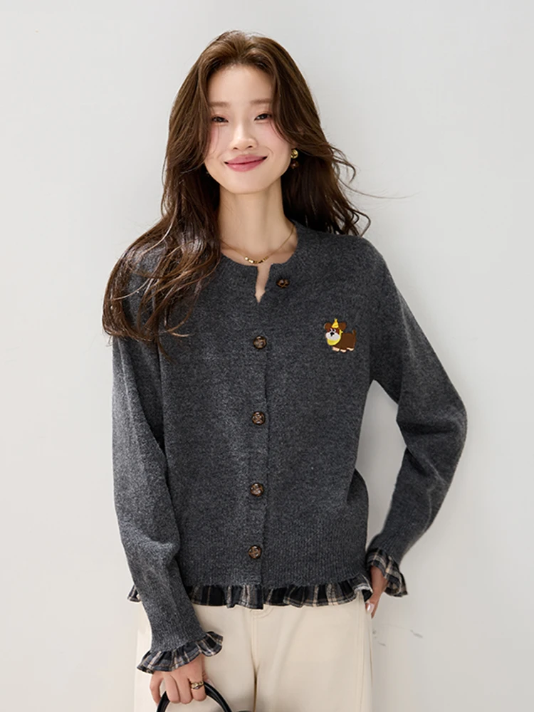 

Preppy Sle Knitted Button up Cardigan Women's Spring 2026 Faionable Floral Print Wooden Casual Long Sve Top