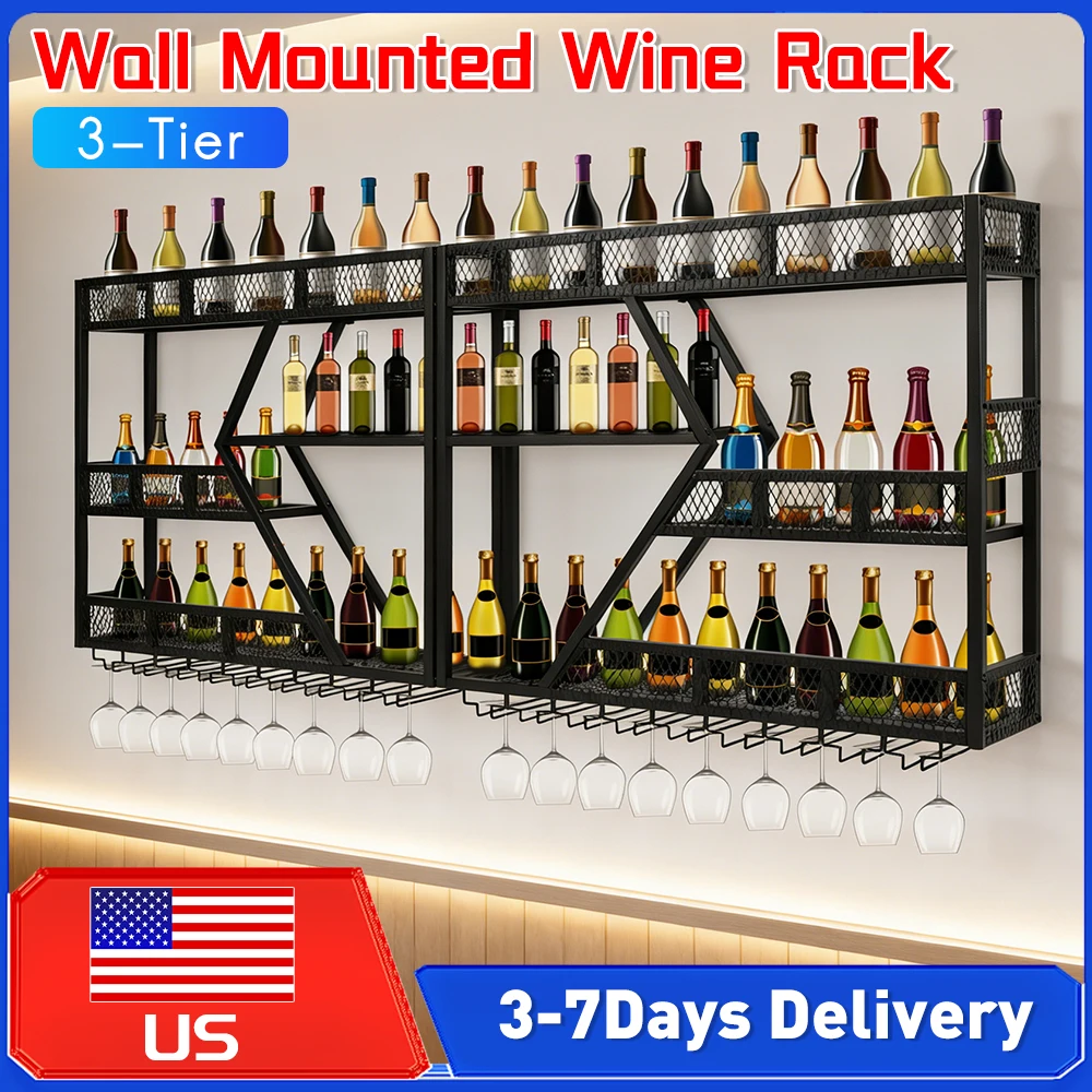 

Настенная 3-ярусная полка для бутылок с алкоголем, металлический органайзер для хранения вина с подставкой для стаканов для дома, кухни, бара, кофейни