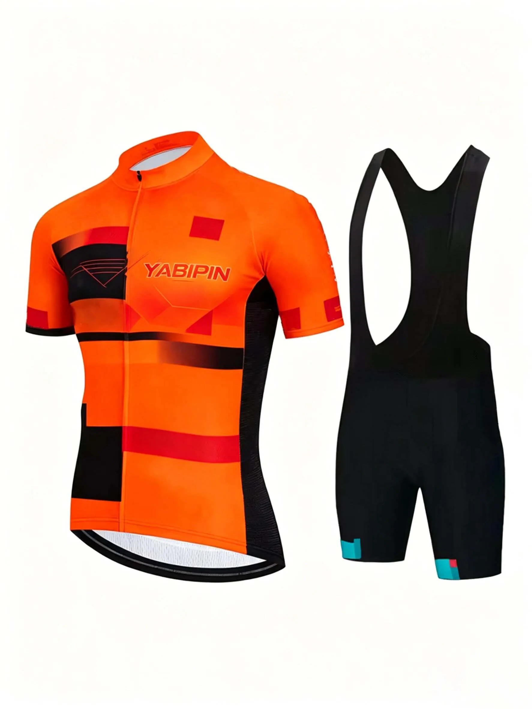 

Mountain Bike Set with Black White Bib Shorts, Men‘s Short Sleeve Stand Collar Letter Print, Breathable Quick Dry Cycling Jersey