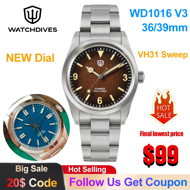 

Часы Watchdives WD1016 V3, кварцевые часы, 36 мм/39 мм, сапфировые мужские часы, VH31 Sweep Movemet, 100 м, водонепроницаемые, светящиеся, винтажные часы