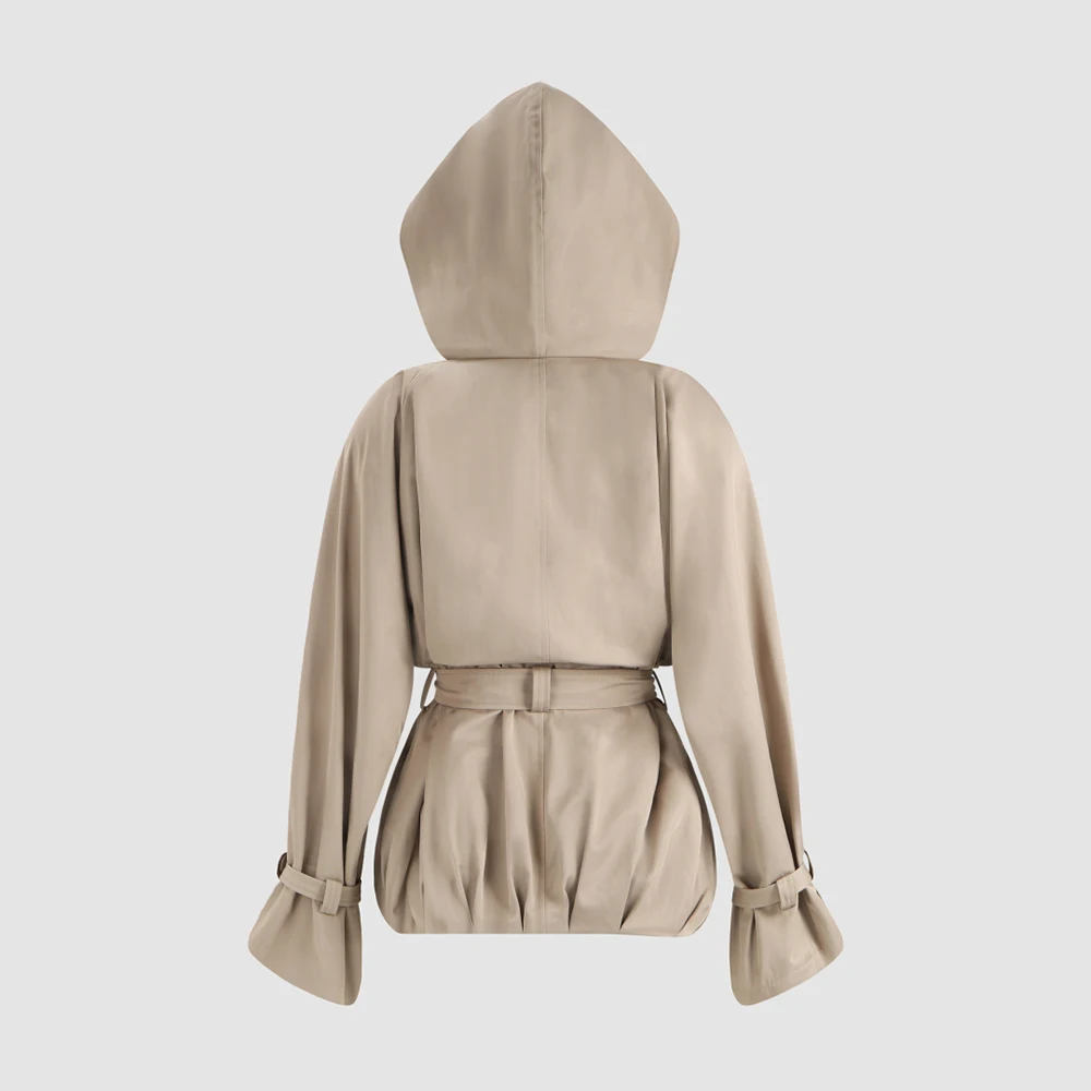 Women's Short Hooded Trench Coat 2026 New Double Breasted Belted Waist Slim Windbreaker Jacket Outerwear with Buckle Cuffs