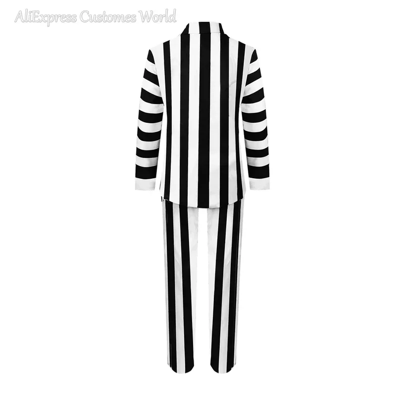 Juice Beetle Suit Movie Michael Keaton Cosplay Costumes Black and White Striped Suit Clown Mask Halloween Costumes for Women Men