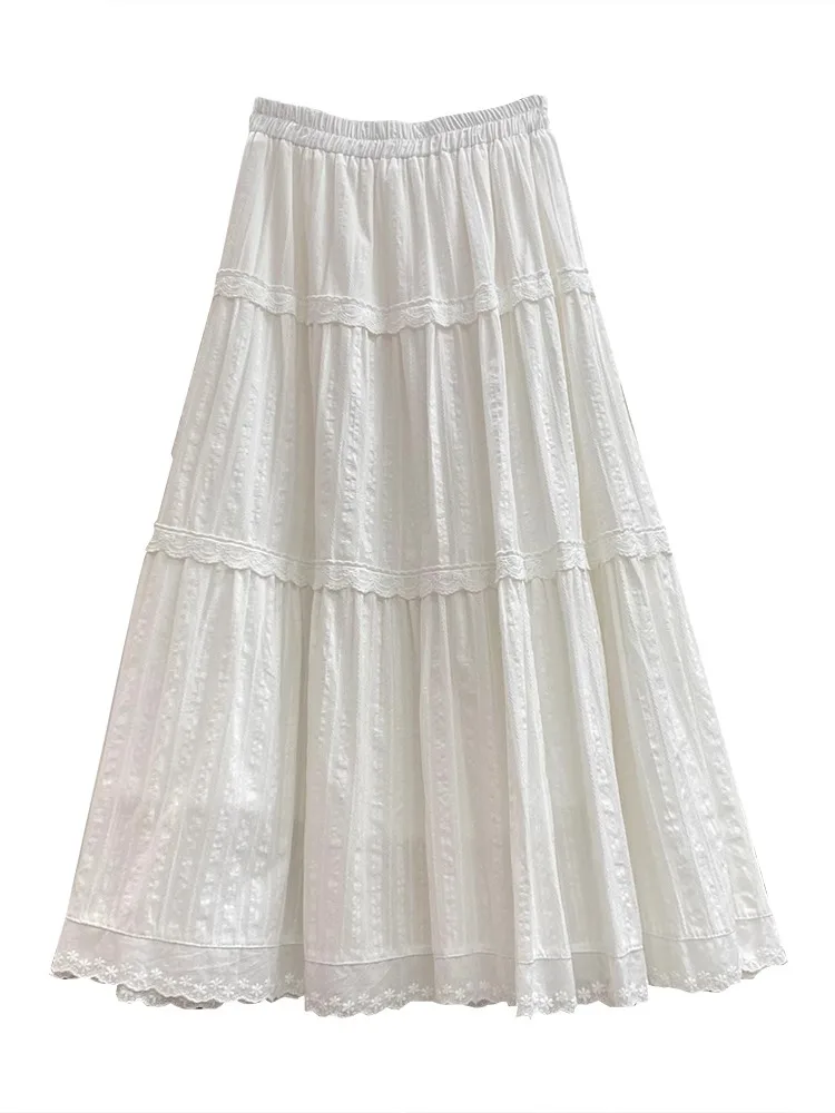 Jupe mi-longue trapèze pour femmes, avec dentelle brodée, Patchwork, volants complets, blanche, mi-longue, coréenne, nouvelle collection été