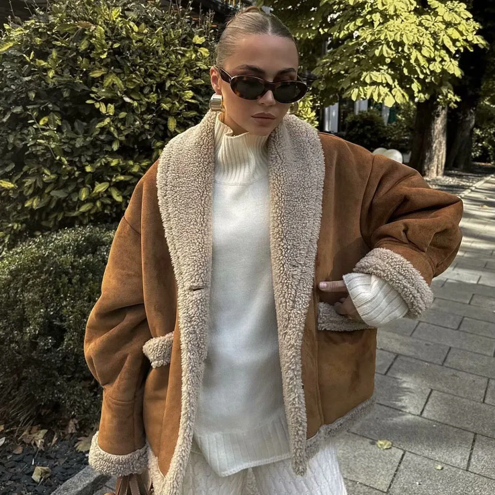 Autumn 2024 new women\'s fashion and leisure Joker slim temperament loose commuter pocket fur lapel coat.