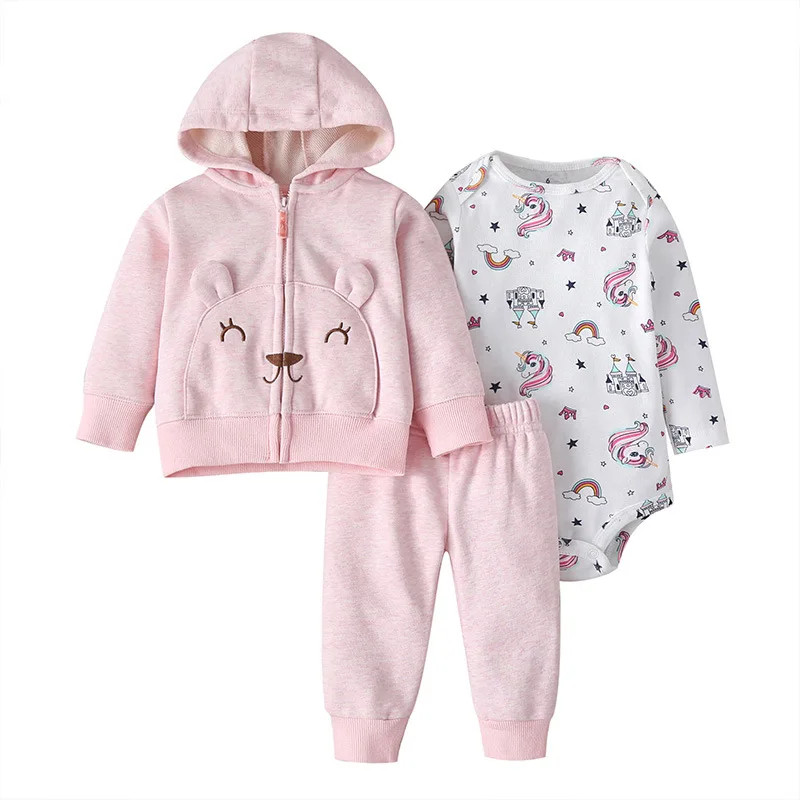 2022 New Fashion Baby Girls Clothes Sets 100% Cotton Baby Coat+Baby Bodysuits+Pants Cartoon Printed Long Sleeves Kids Clothing