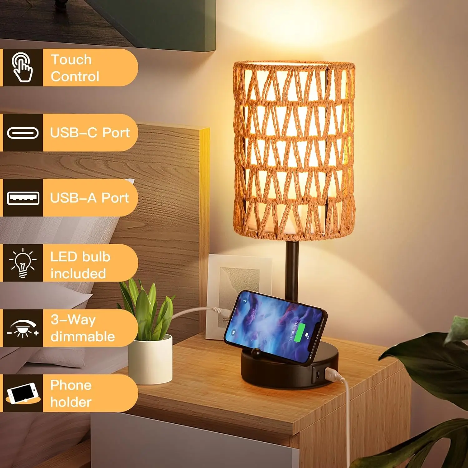 

Rattan Table Lamps For Living Room, 3 Way Dimmable Touch Lamps, Small Bedside Lamps With Led Bulbs, Phone Stand, Usb Ports And