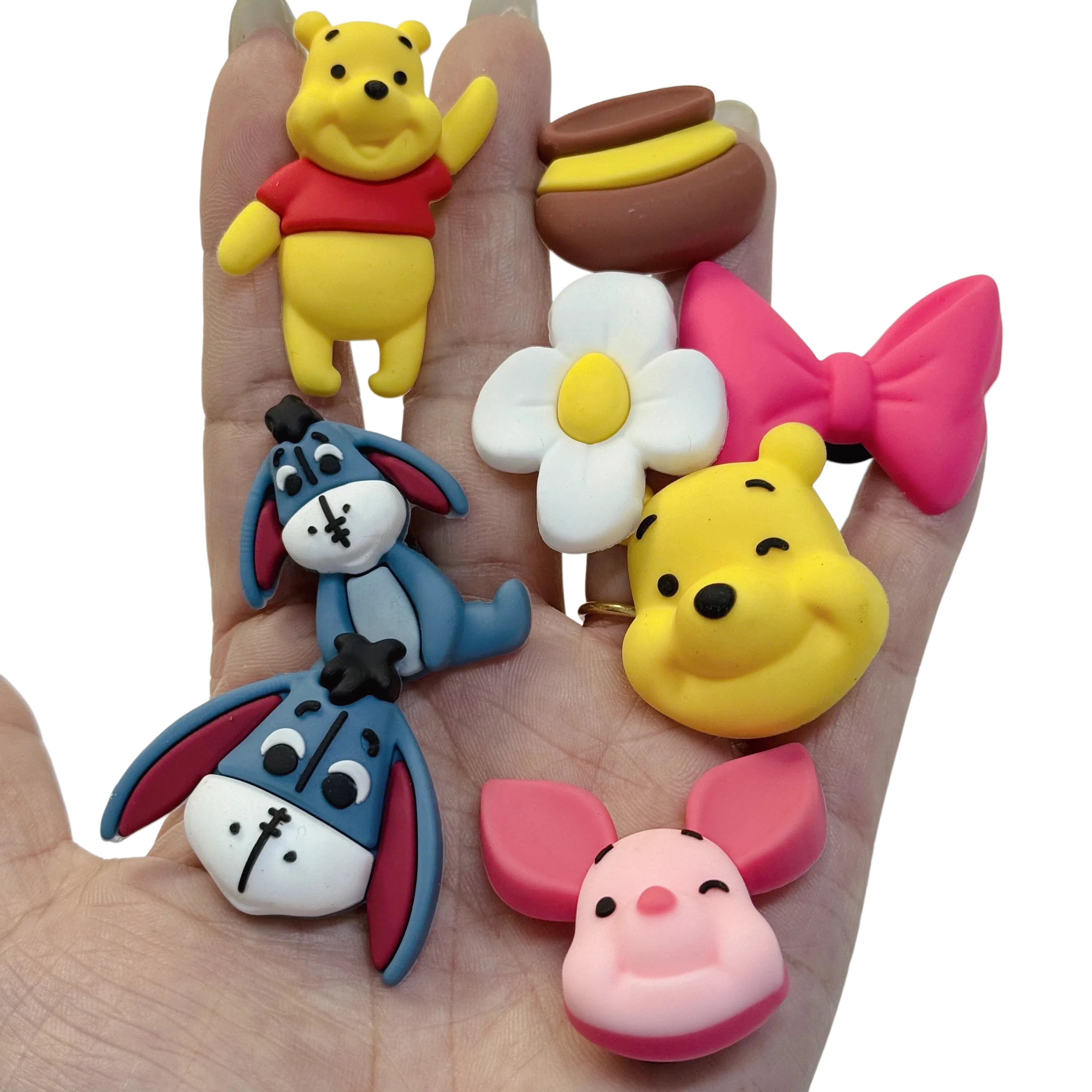 8Pcs Mesuca Cartoon Character PVC Shoe Button Charms Bear Pig Donkey Flower Bow Adult Sandals Shoe Ornaments Fit Holiday Present