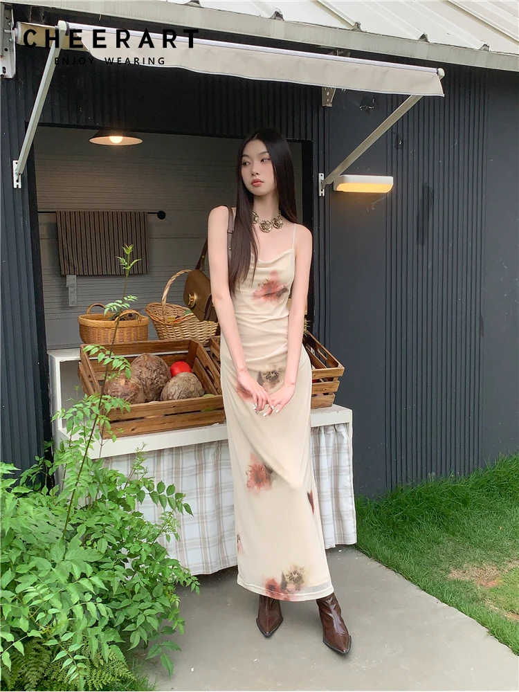 CHEERART Cowls Floral Beige Backless Long Dress For Women 2023 Summer Vacation Outfits Casual Slip Midi Dress Holiday Clothes