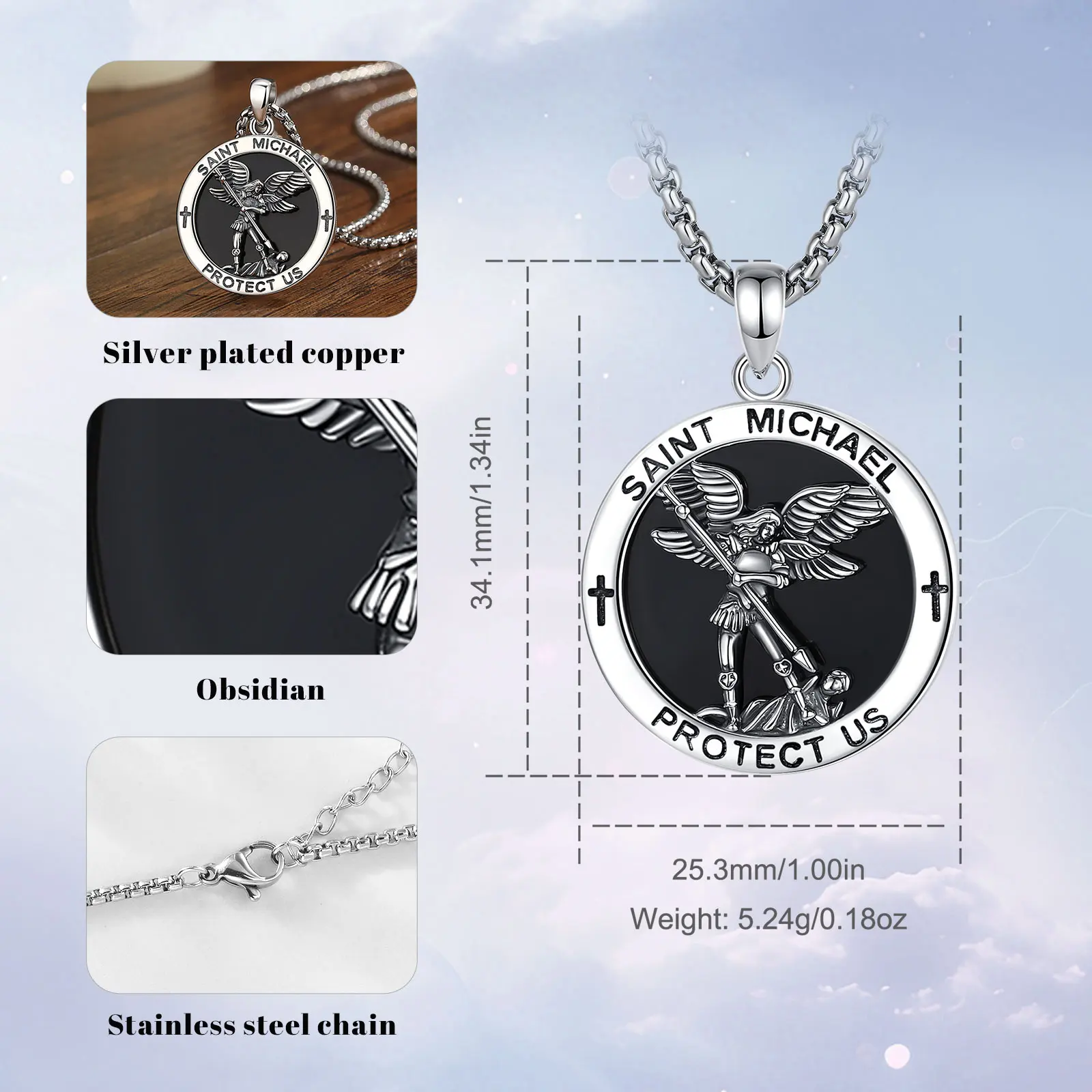 Eudora Obsidian St. Michael Necklace Copper Archangel Medal Cross Pendant Christian Amulet Protection Jewelry Gift for Men Woman