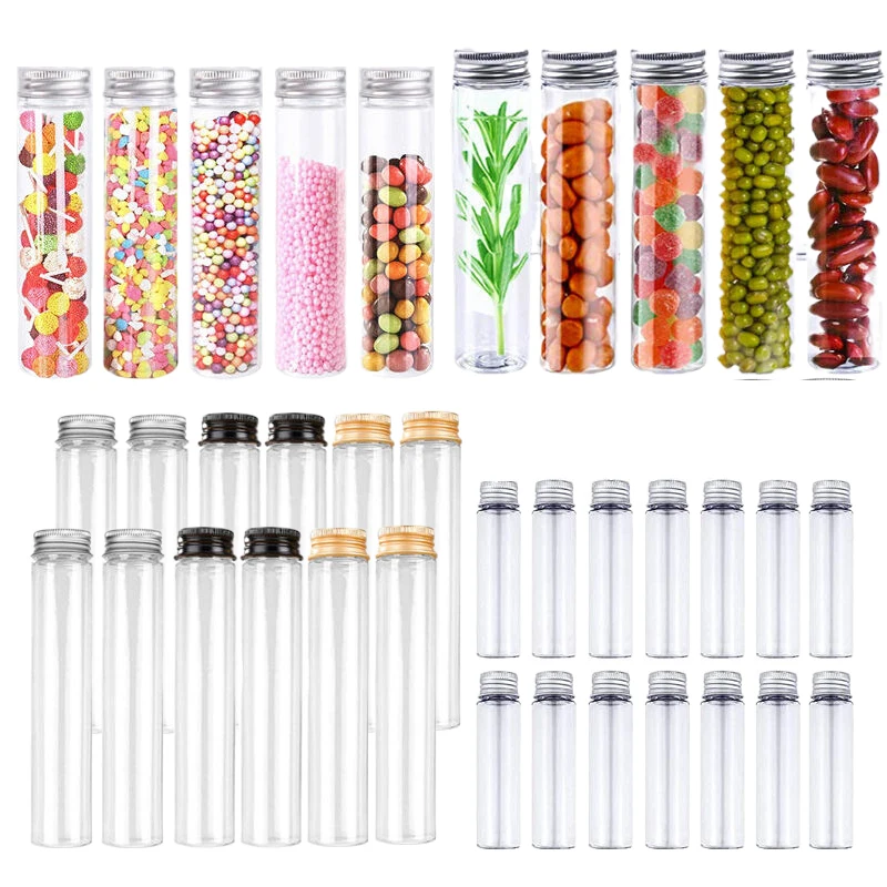 10Pcs 50-110ml Clear Plastic Test Tube Bottles w/ Aluminum Screw Caps DIY Decor Containers For Dried Flower Candy Spices Storage