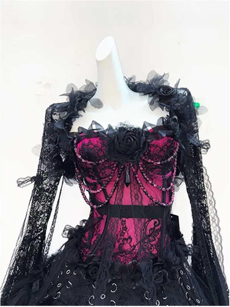 Black and red strapless long-sleeved lace dress with straps
